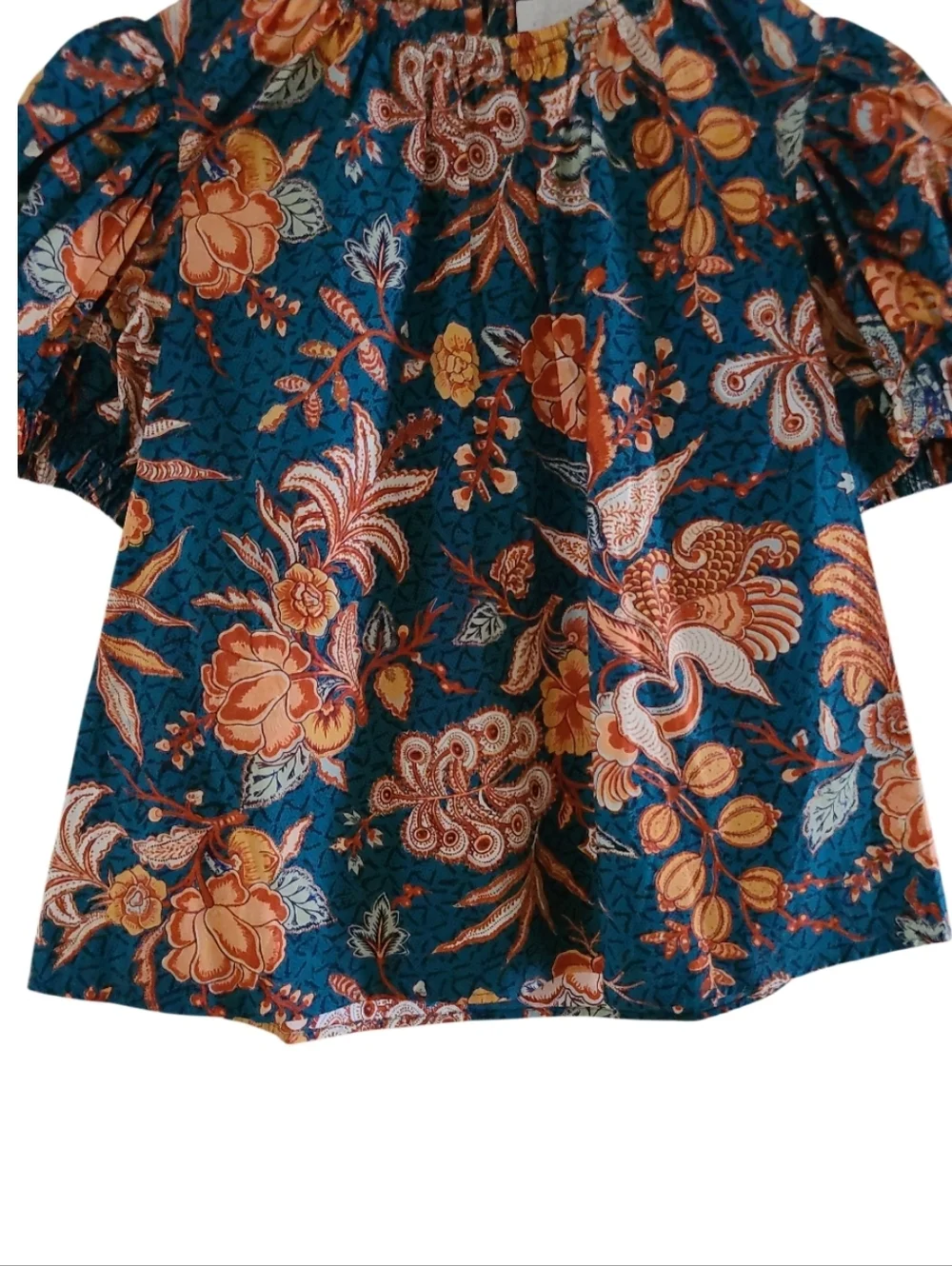 Ulla Johnson Frances Top Floral Puff-Sleeve 100% Cotton Blouse Deep Teal Orange